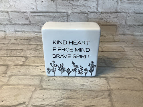 K Color block white ceramic with “kind heart fierce mind brave soul” words