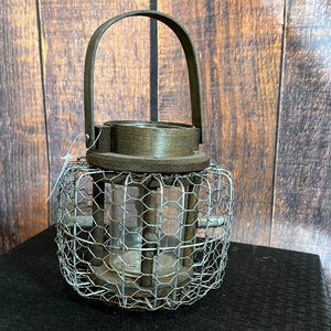K Small Round Metal and Wood Lantern